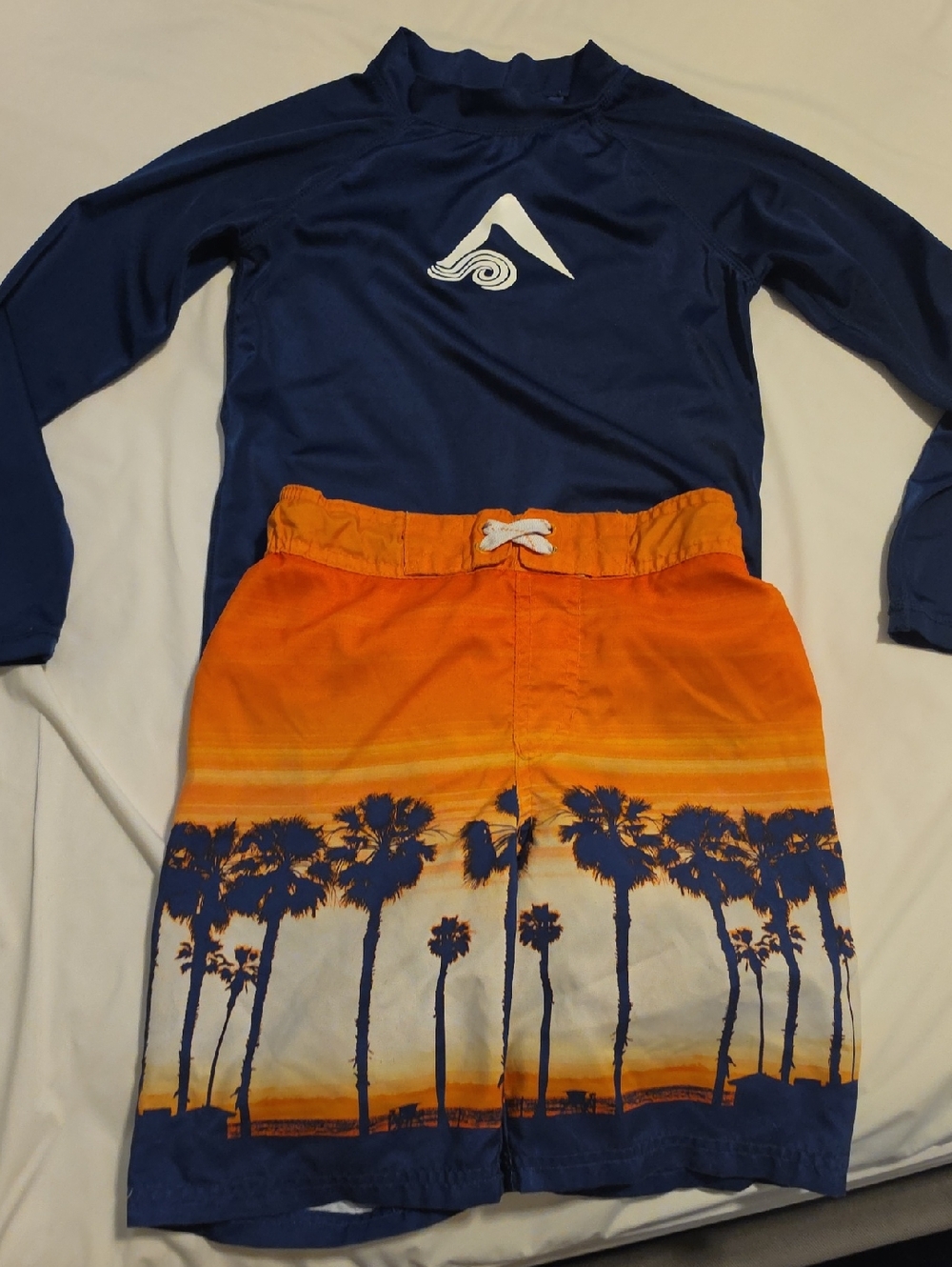 Kids Navy Long-Sleeve Rash Guard with Orange Palm-Print Swim Trunks